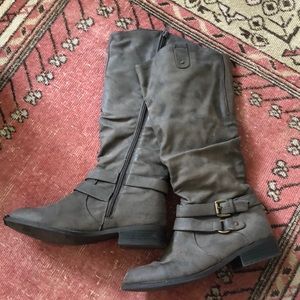 Grey, Faux Leather Boots with Buckle Detail